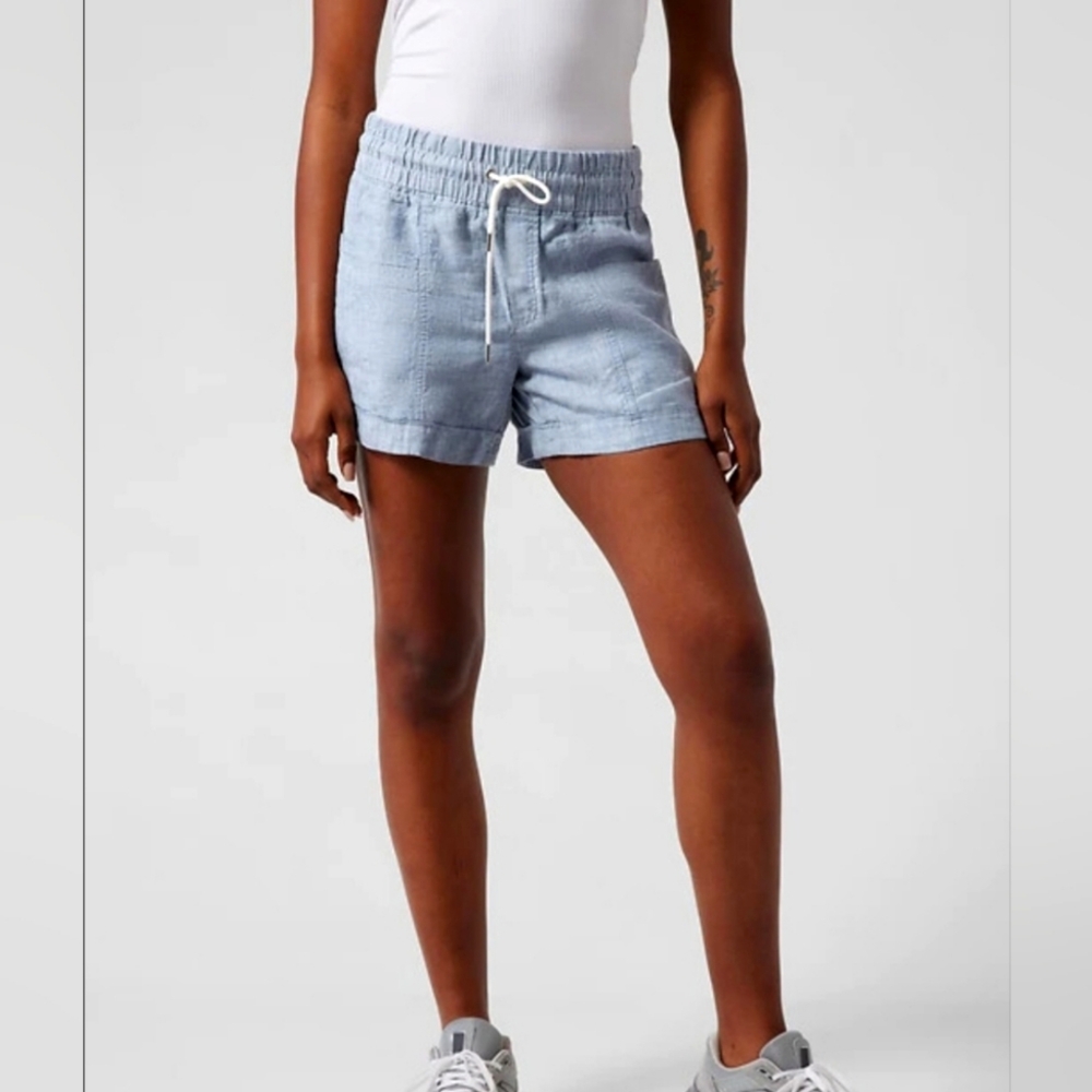 Athleta Cabo Linen Shorts Size 12 Blue Adjustable Waist